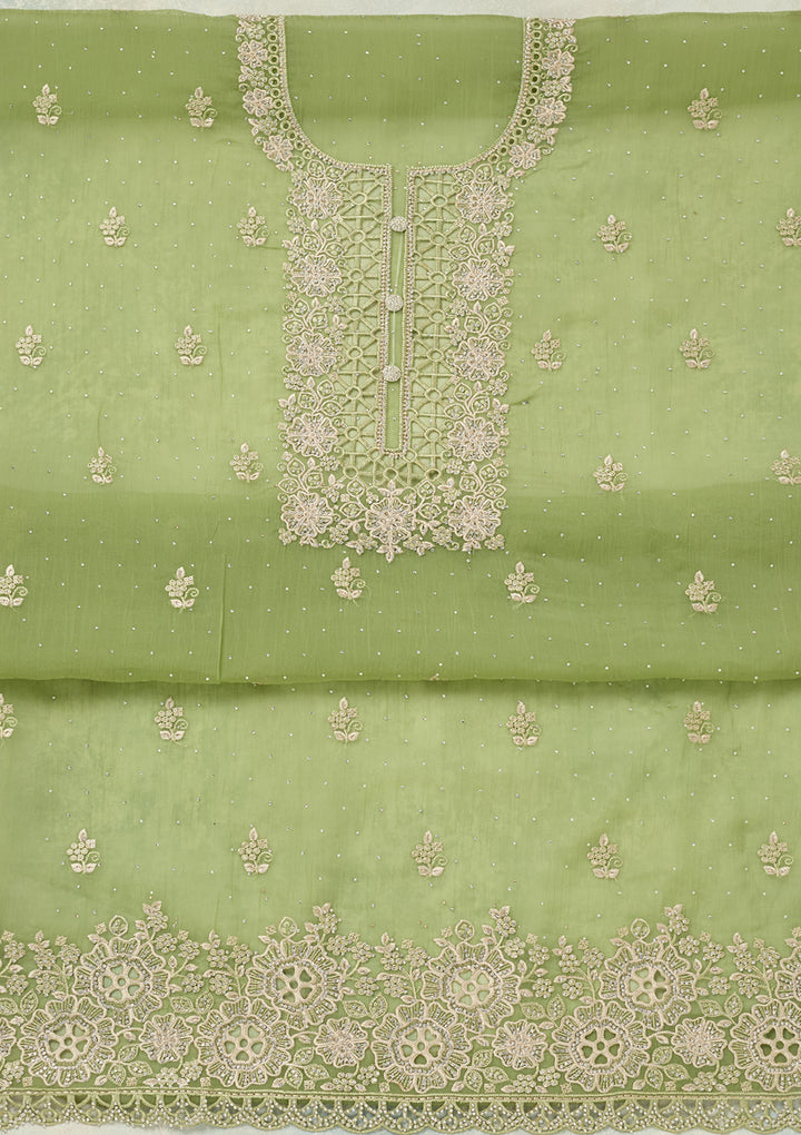 Pista Green Tissue Threadwork Unstitched Dress Material With Matching Bottom And Dupatta