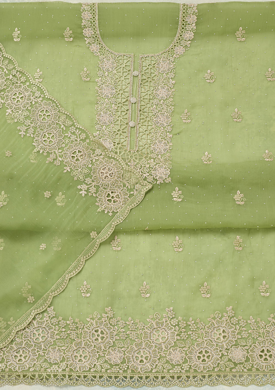 Pista Green Tissue Threadwork Unstitched Dress Material With Matching Bottom And Dupatta