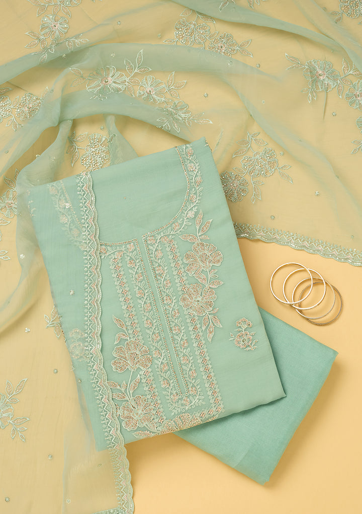 Sea Green Tissue Threadwork Unstitched Dress Material With Matching Bottom And Dupatta