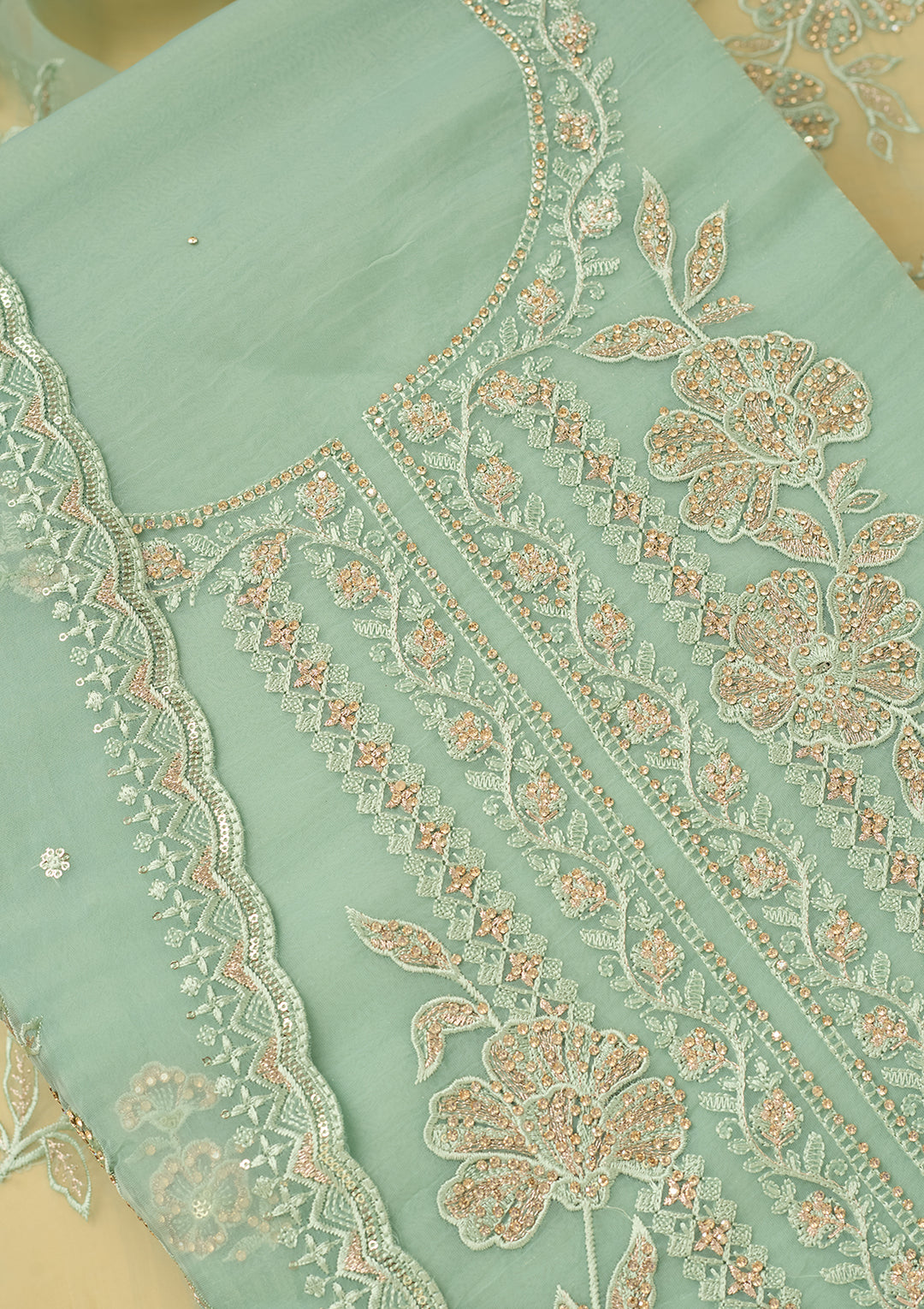 Sea Green Tissue Threadwork Unstitched Dress Material With Matching Bottom And Dupatta
