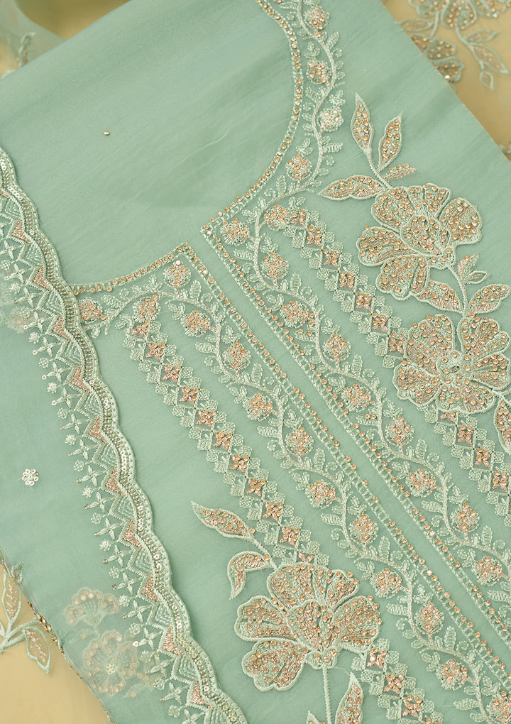 Sea Green Tissue Threadwork Unstitched Dress Material With Matching Bottom And Dupatta