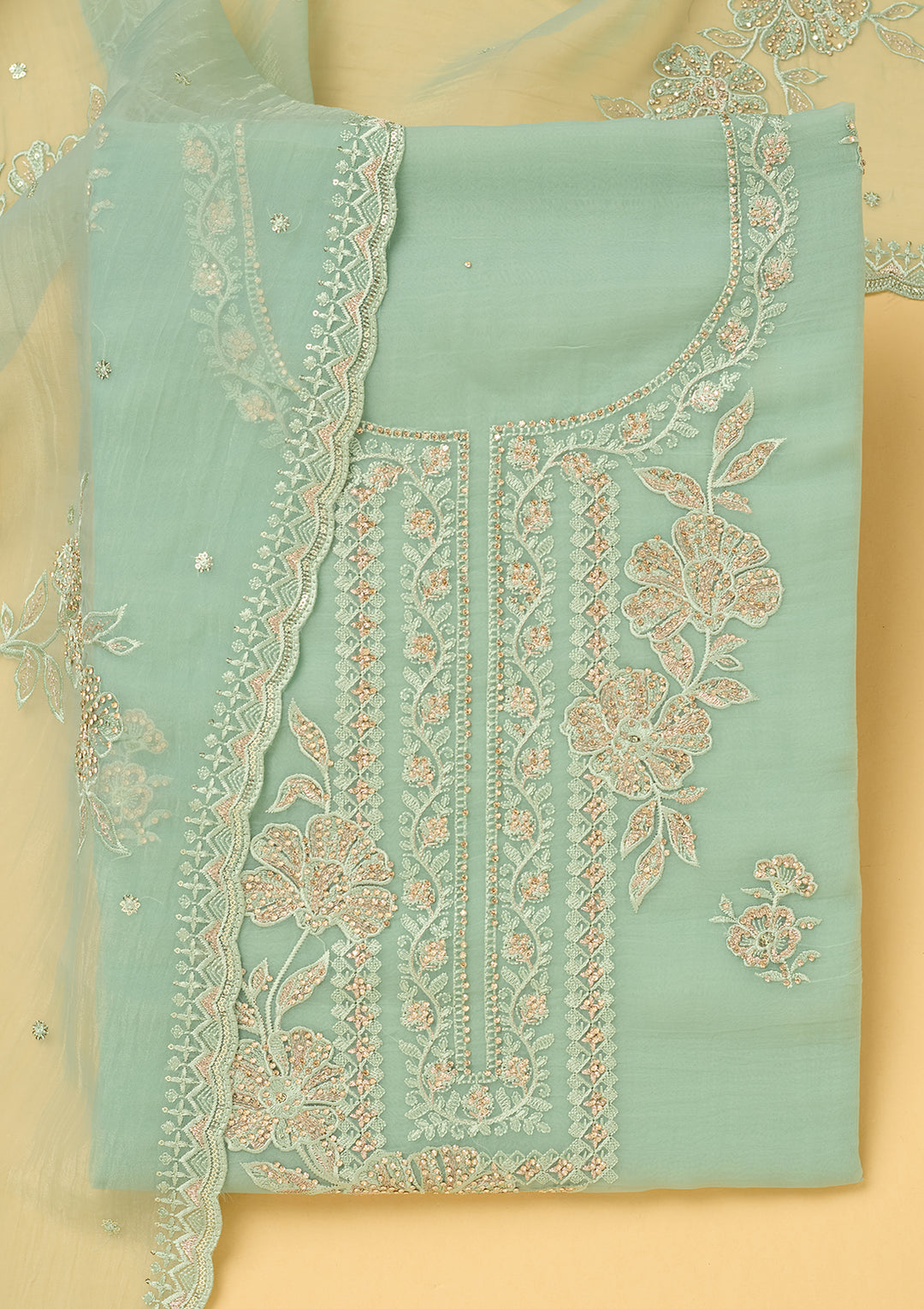 Sea Green Tissue Threadwork Unstitched Dress Material With Matching Bottom And Dupatta