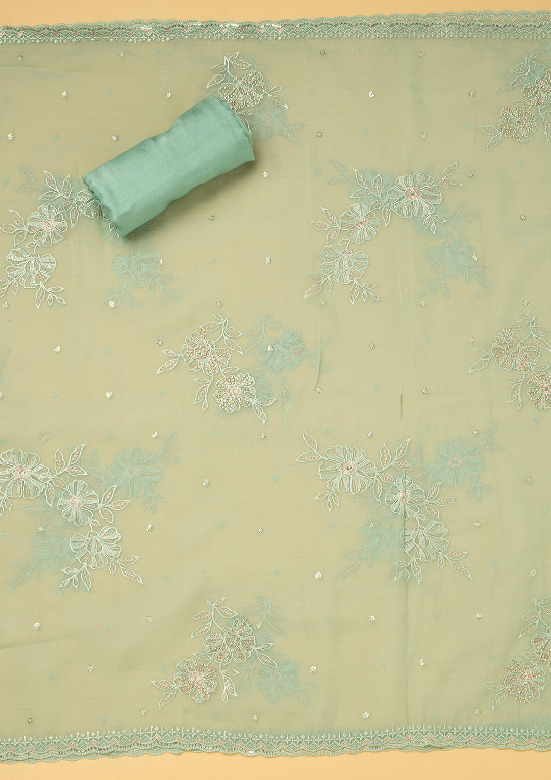 Sea Green Tissue Threadwork Unstitched Dress Material With Matching Bottom And Dupatta