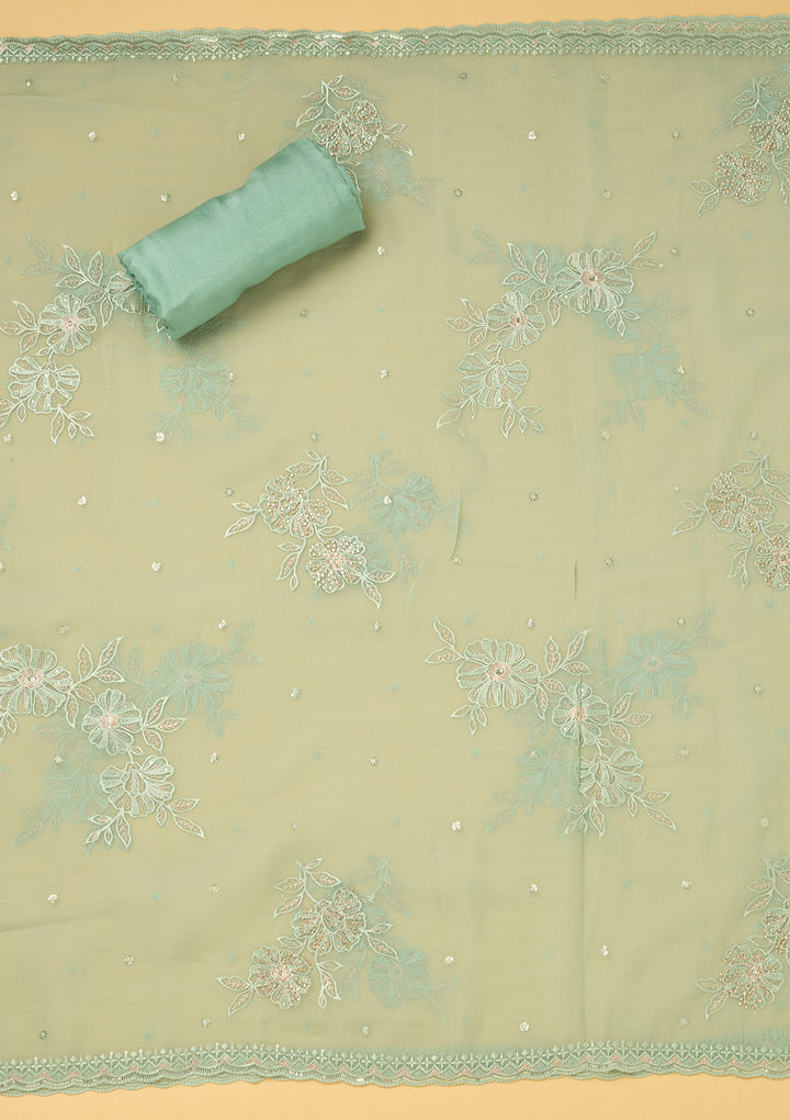 Sea Green Tissue Threadwork Unstitched Dress Material With Matching Bottom And Dupatta