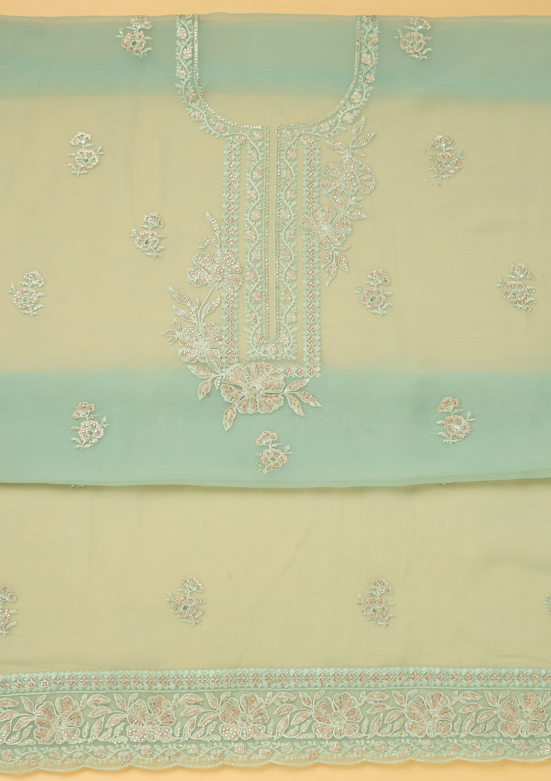 Sea Green Tissue Threadwork Unstitched Dress Material With Matching Bottom And Dupatta