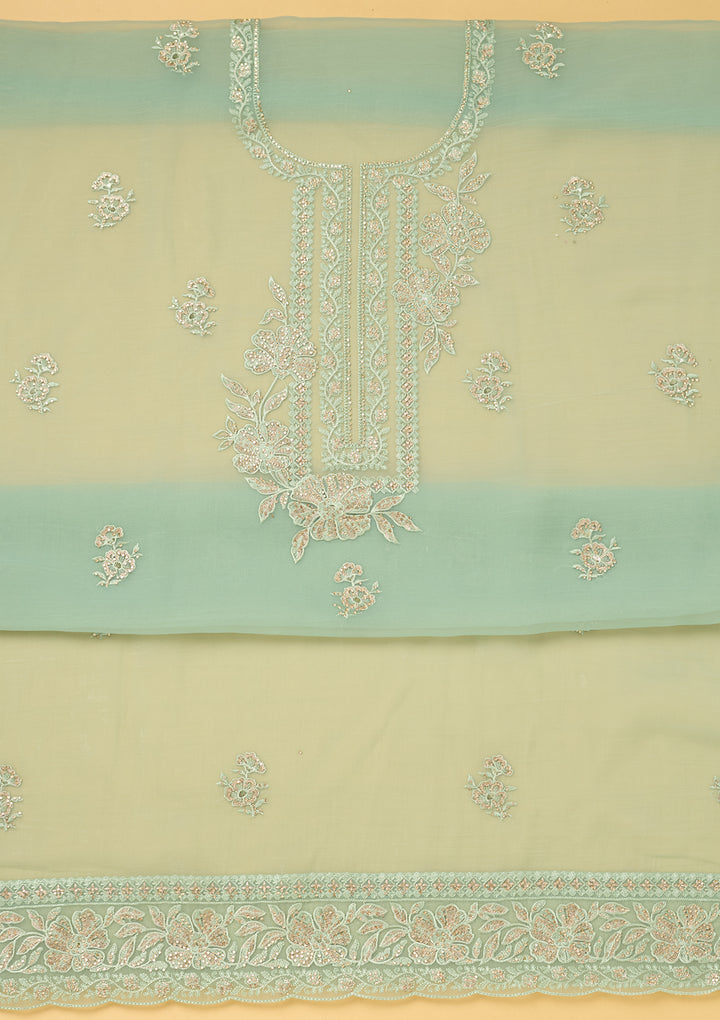 Sea Green Tissue Threadwork Unstitched Dress Material With Matching Bottom And Dupatta