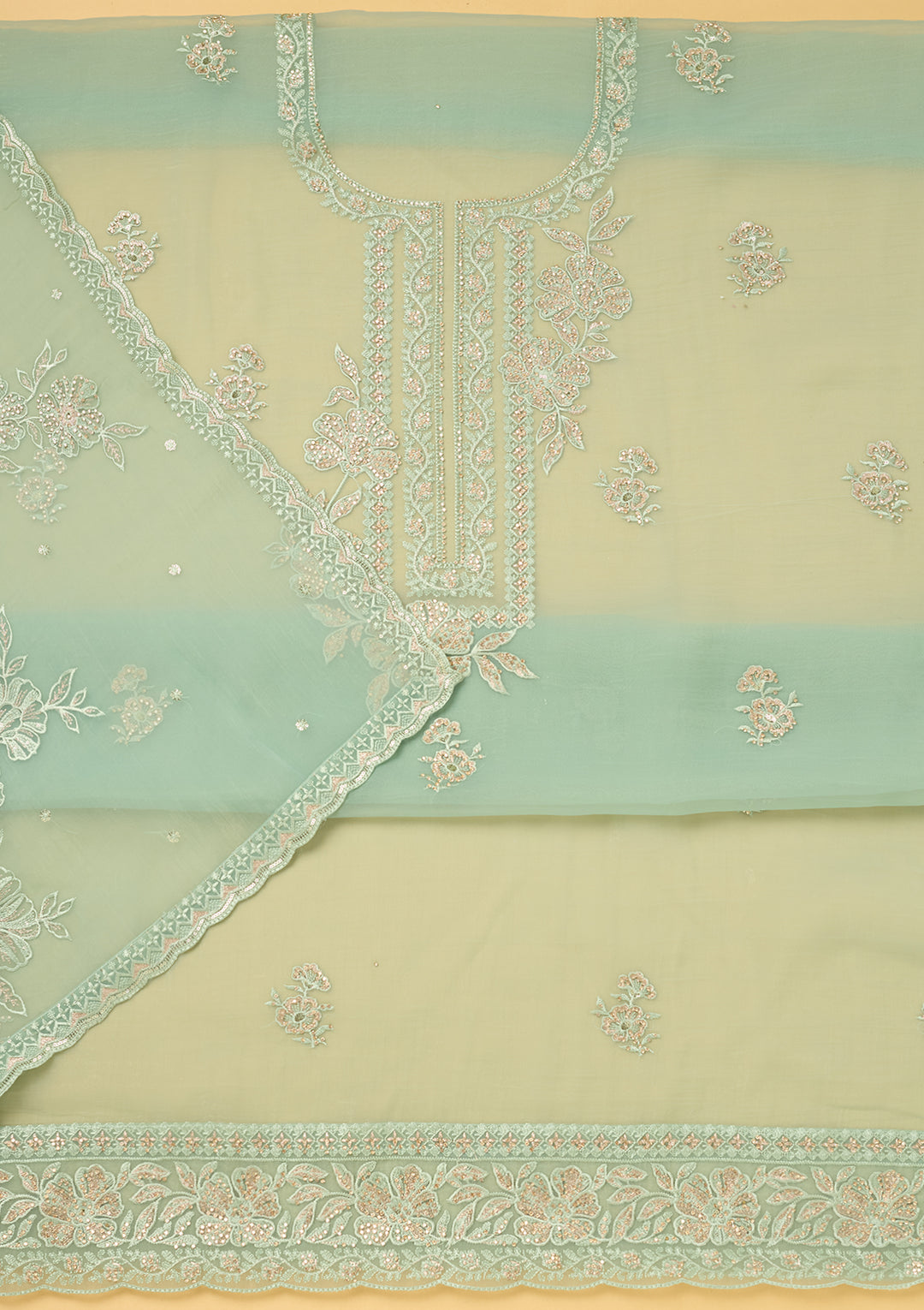 Sea Green Tissue Threadwork Unstitched Dress Material With Matching Bottom And Dupatta