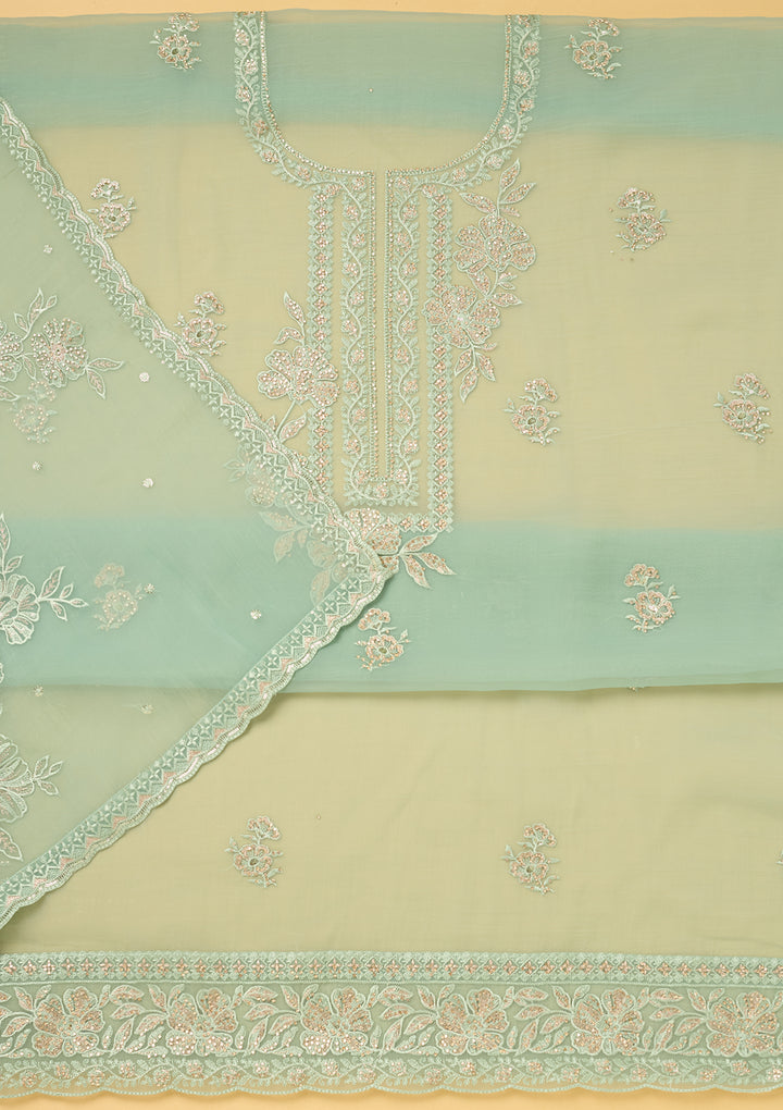 Sea Green Tissue Threadwork Unstitched Dress Material With Matching Bottom And Dupatta