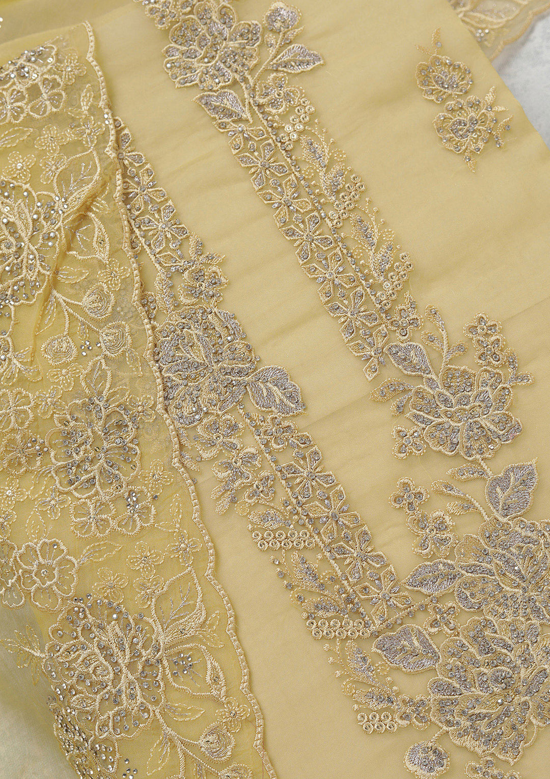 Yellow Threadwork Tissue Unstitched Salwar Suit