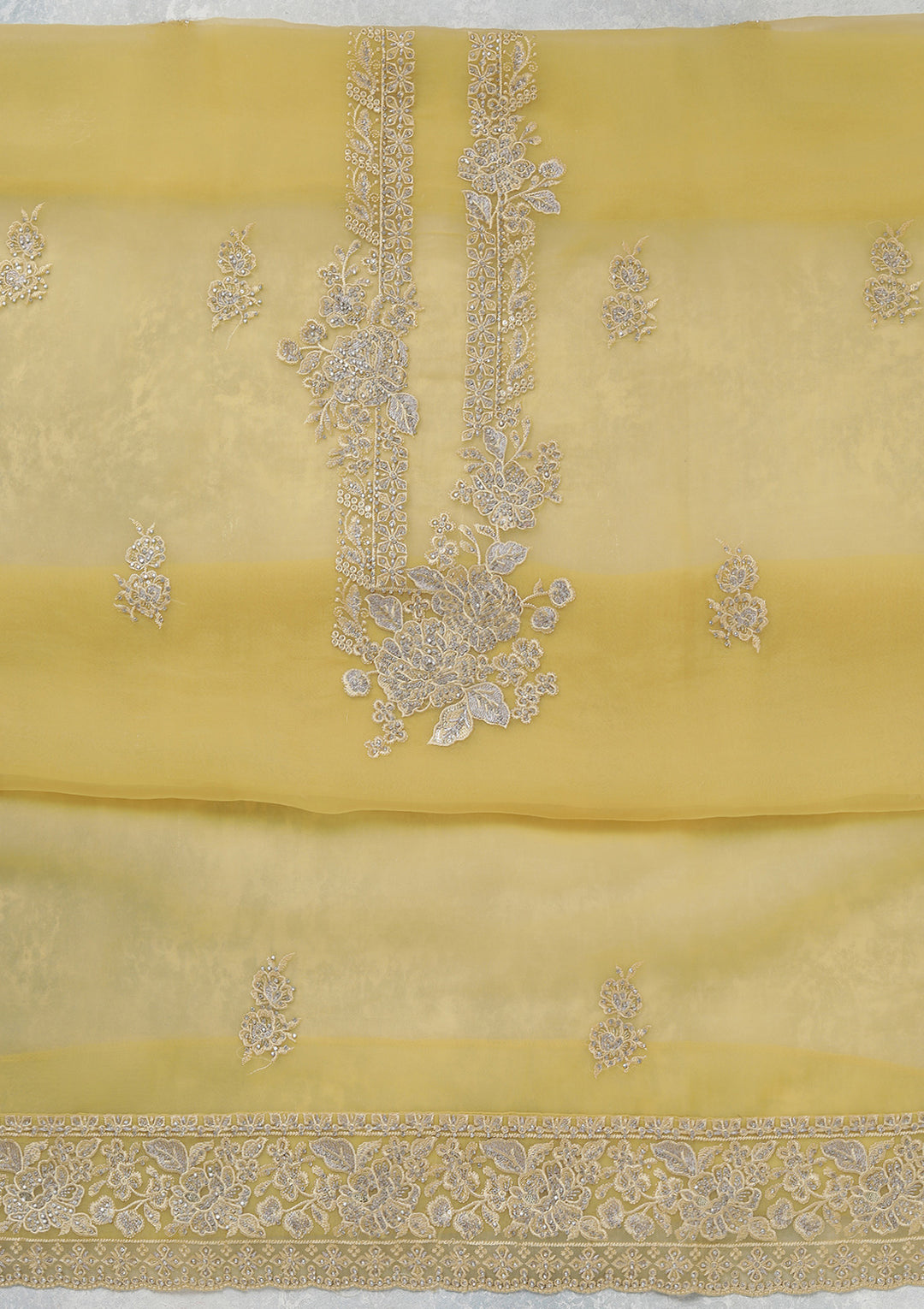 Yellow Threadwork Tissue Unstitched Salwar Suit