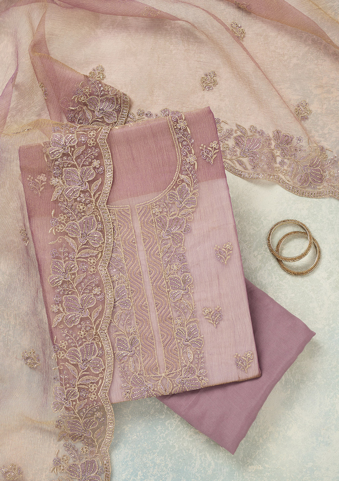 Lavender Tissue Threadwork Unstitched Dress Material With Matching Bottom And Dupatta
