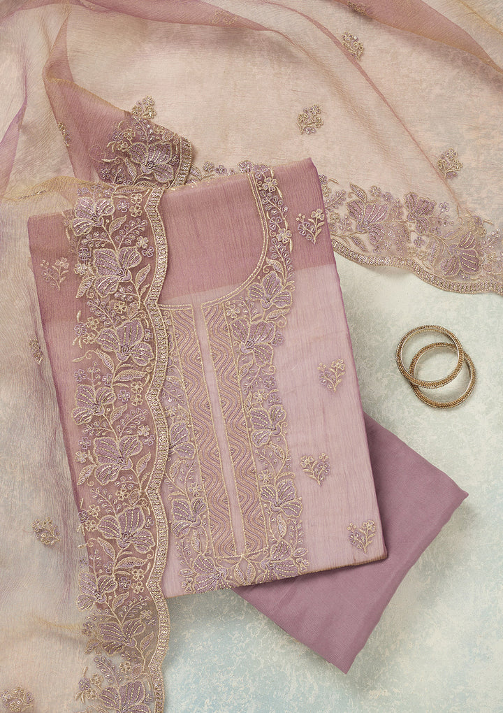 Lavender Tissue Threadwork Unstitched Dress Material With Matching Bottom And Dupatta