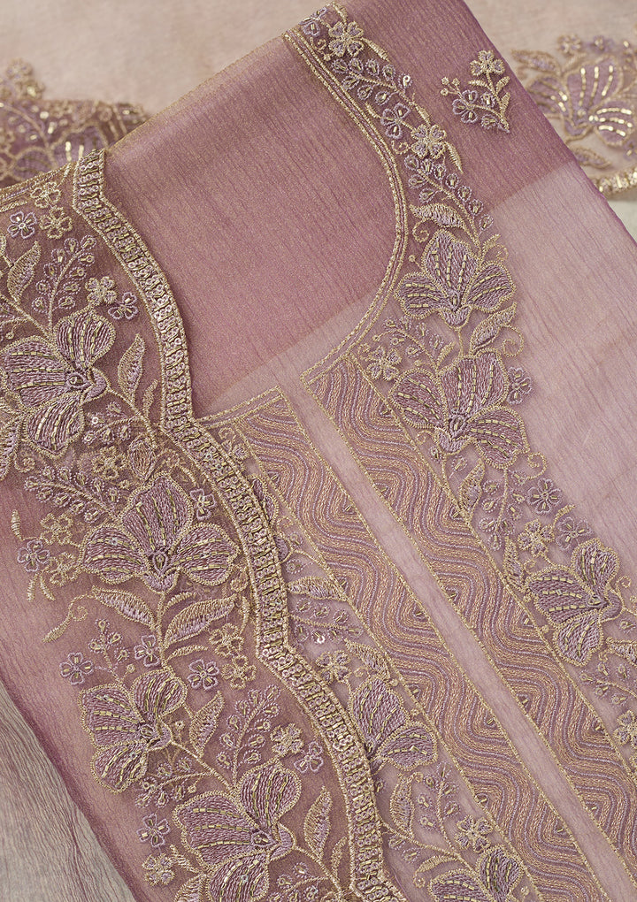 Lavender Tissue Threadwork Unstitched Dress Material With Matching Bottom And Dupatta