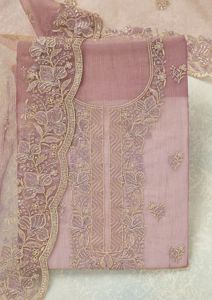 Lavender Tissue Threadwork Unstitched Dress Material With Matching Bottom And Dupatta