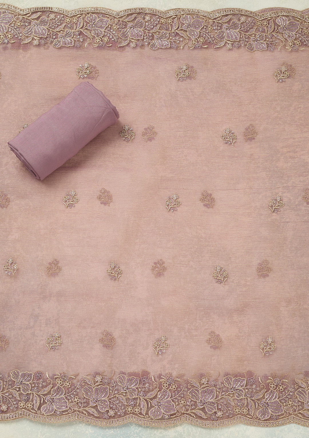 Lavender Tissue Threadwork Unstitched Dress Material With Matching Bottom And Dupatta