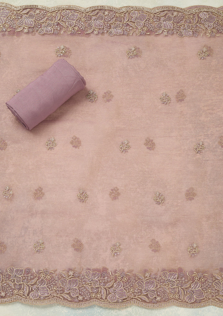 Lavender Tissue Threadwork Unstitched Dress Material With Matching Bottom And Dupatta