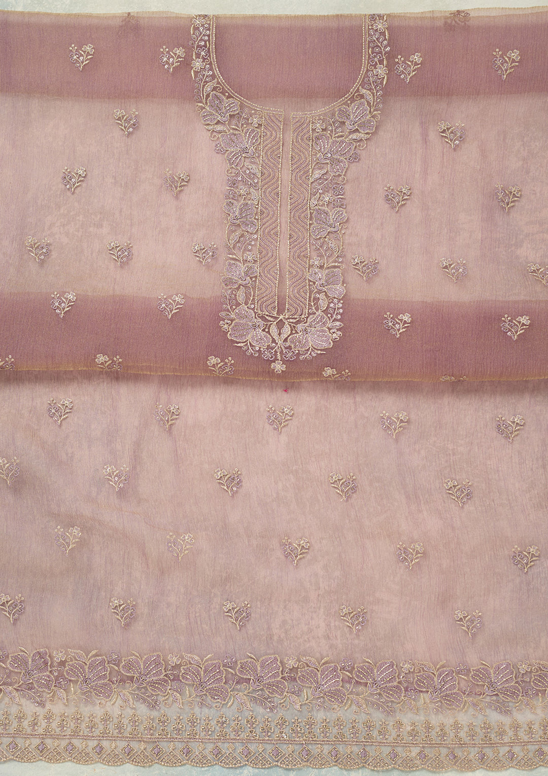 Lavender Tissue Threadwork Unstitched Dress Material With Matching Bottom And Dupatta