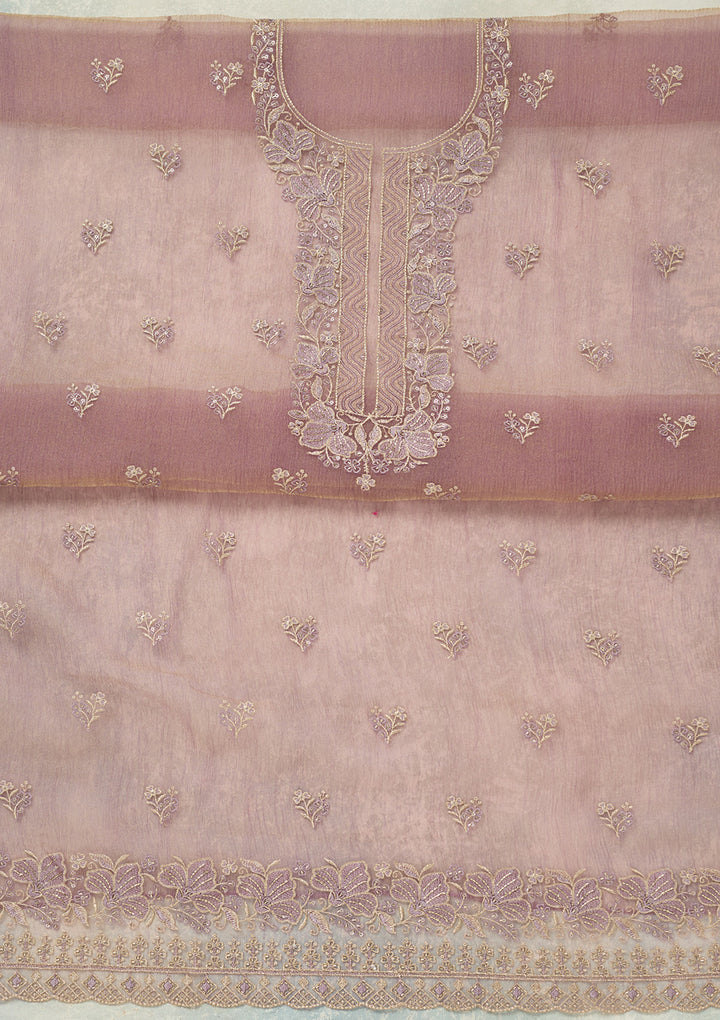 Lavender Tissue Threadwork Unstitched Dress Material With Matching Bottom And Dupatta
