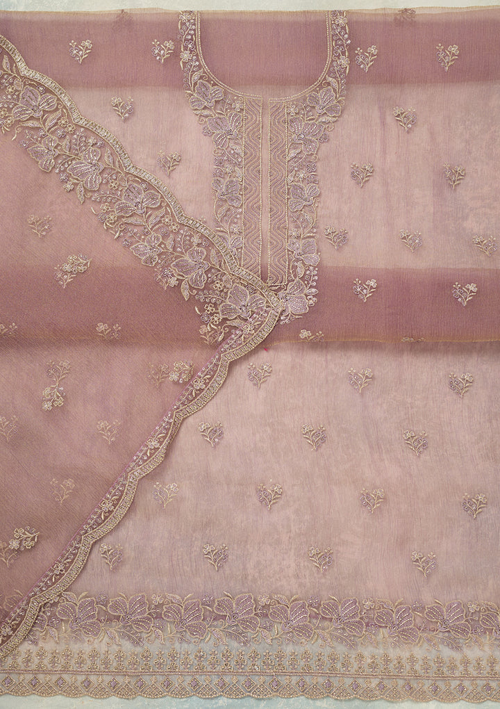 Lavender Tissue Threadwork Unstitched Dress Material With Matching Bottom And Dupatta