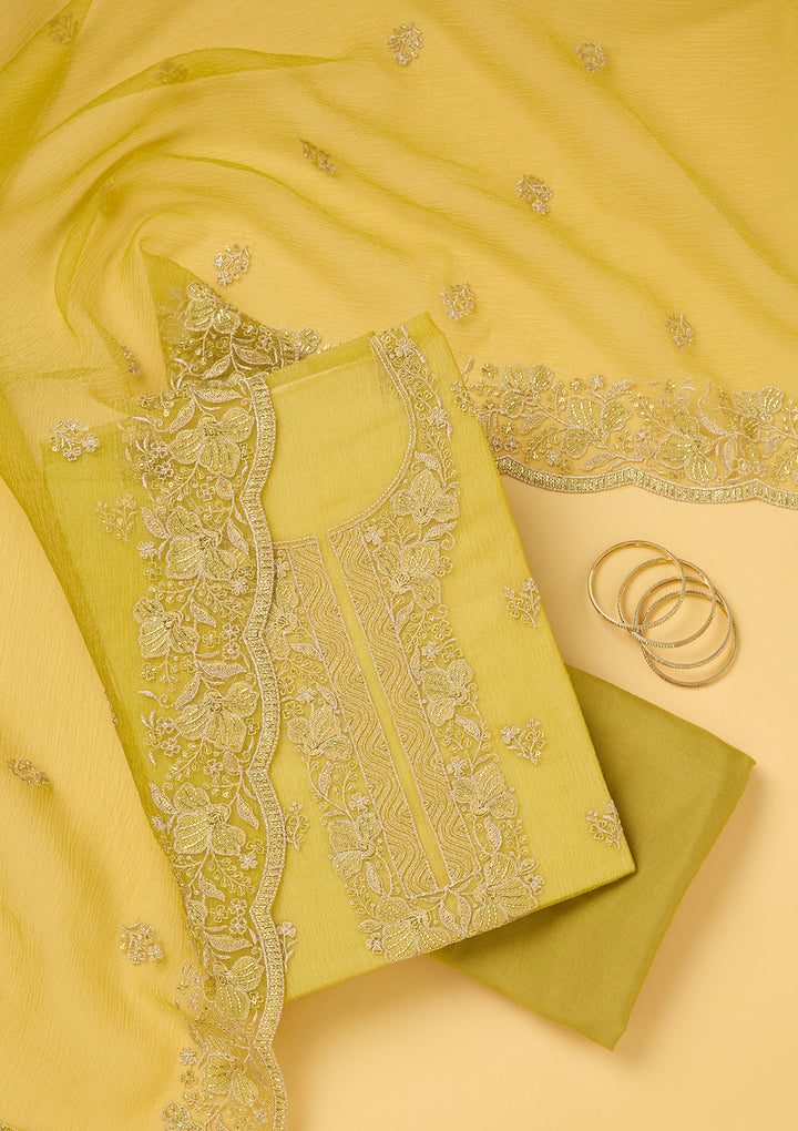 Mehendi Tissue Threadwork Unstitched Dress Material With Matching Bottom And Dupatta
