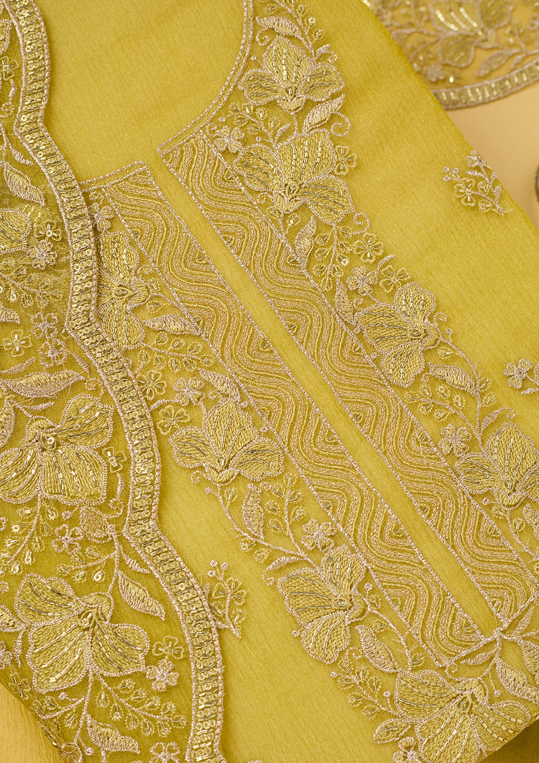 Mehendi Tissue Threadwork Unstitched Dress Material With Matching Bottom And Dupatta
