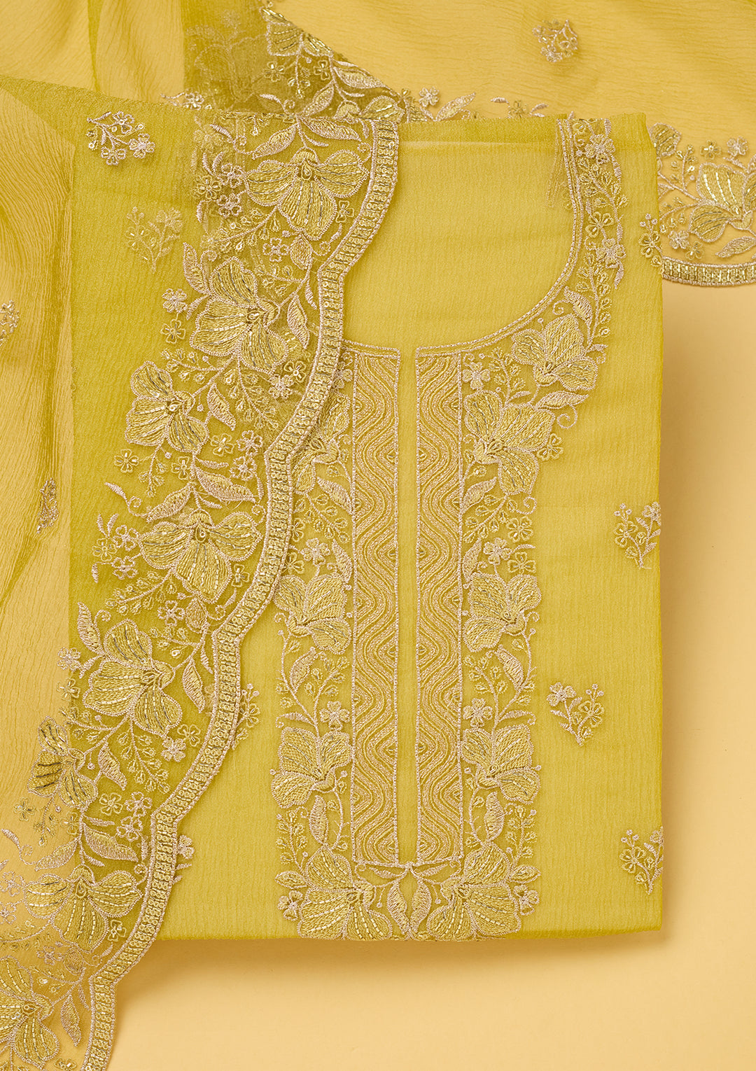 Mehendi Tissue Threadwork Unstitched Dress Material With Matching Bottom And Dupatta