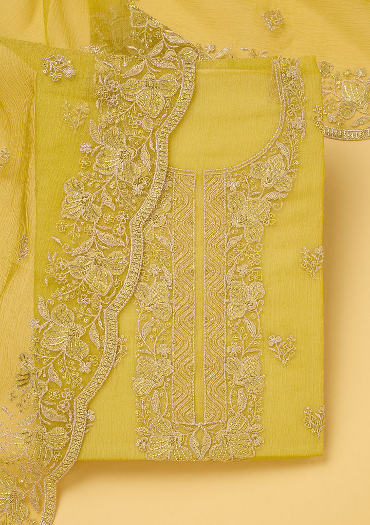 Mehendi Tissue Threadwork Unstitched Dress Material With Matching Bottom And Dupatta