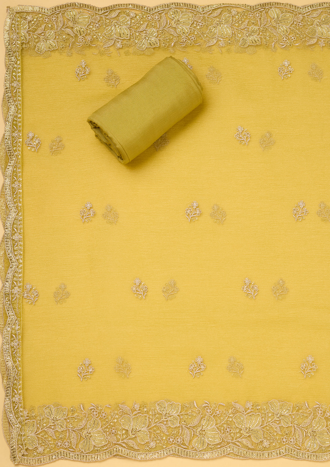 Mehendi Tissue Threadwork Unstitched Dress Material With Matching Bottom And Dupatta