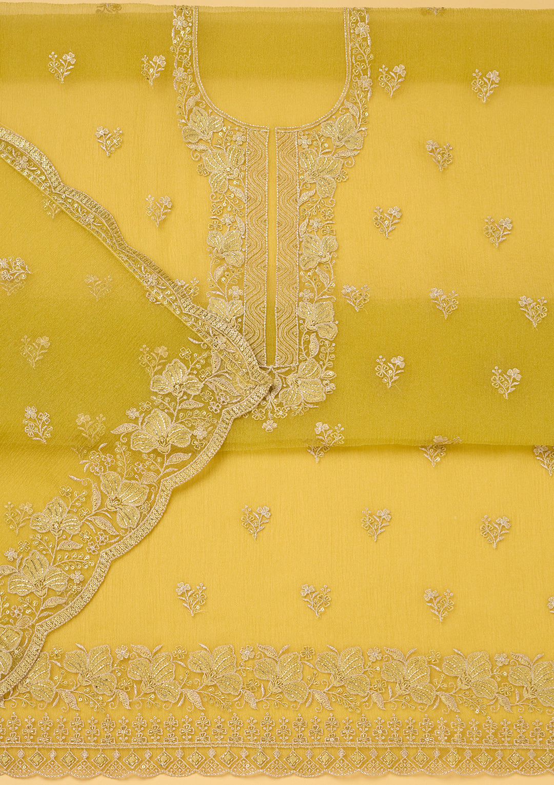 Mehendi Tissue Threadwork Unstitched Dress Material With Matching Bottom And Dupatta