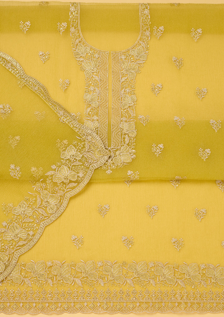 Mehendi Tissue Threadwork Unstitched Dress Material With Matching Bottom And Dupatta