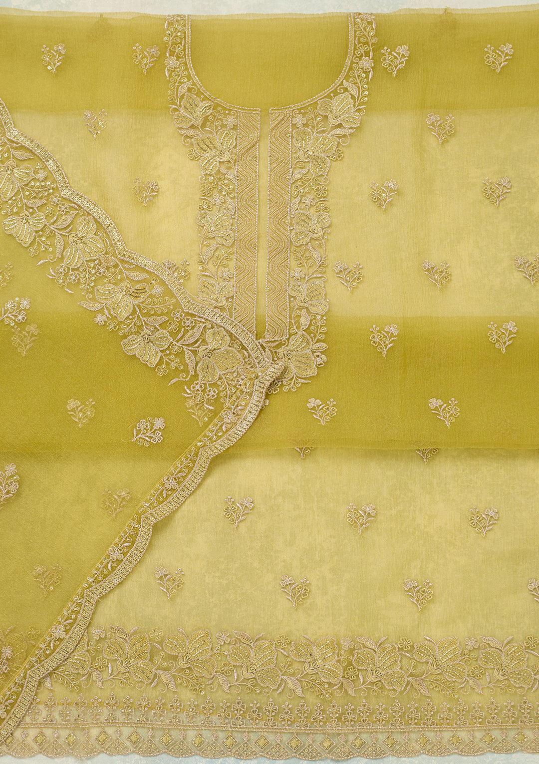 Mehendi Threadwork Tissue Unstitched Salwar Suit