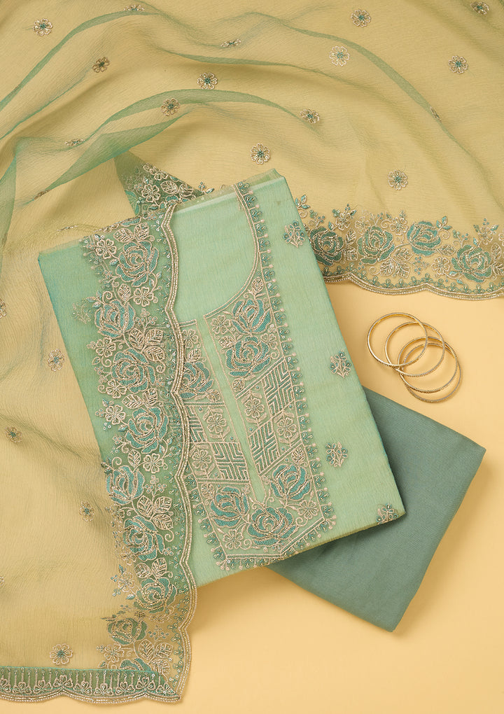 Sky Blue Tissue Threadwork Unstitched Dress Material With Matching Bottom And Dupatta