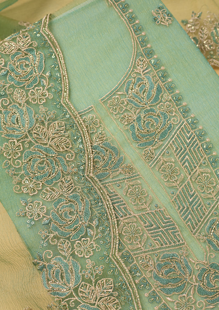 Sky Blue Tissue Threadwork Unstitched Dress Material With Matching Bottom And Dupatta