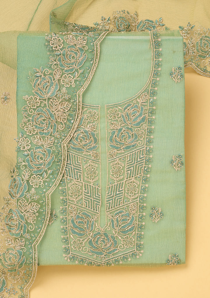 Sky Blue Tissue Threadwork Unstitched Dress Material With Matching Bottom And Dupatta