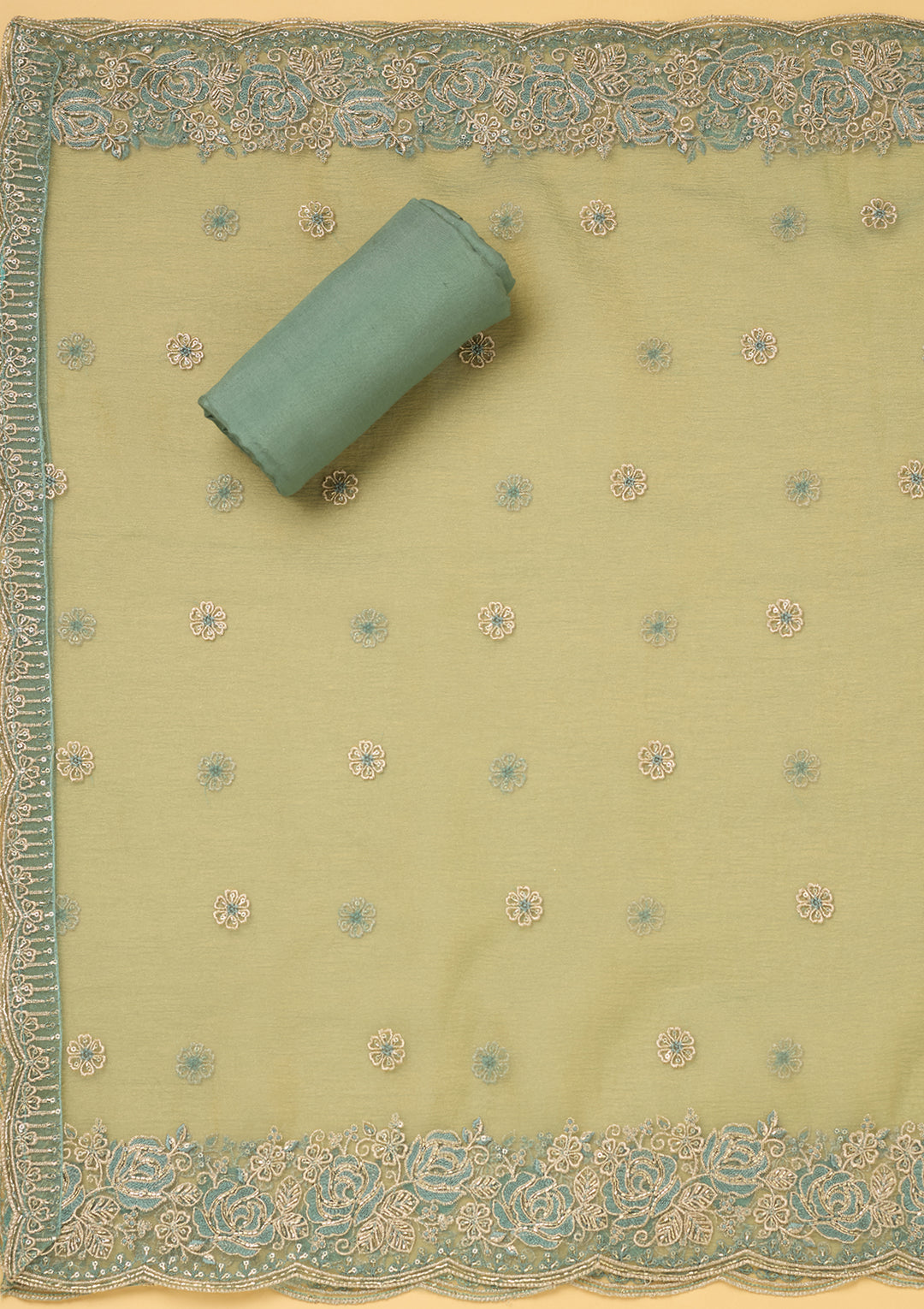 Sky Blue Tissue Threadwork Unstitched Dress Material With Matching Bottom And Dupatta
