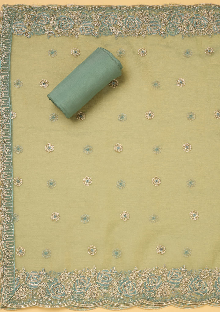Sky Blue Tissue Threadwork Unstitched Dress Material With Matching Bottom And Dupatta