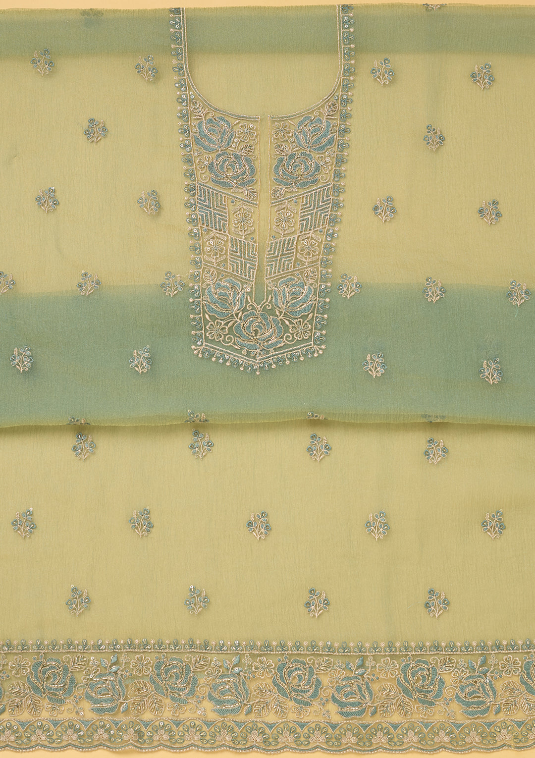 Sky Blue Tissue Threadwork Unstitched Dress Material With Matching Bottom And Dupatta
