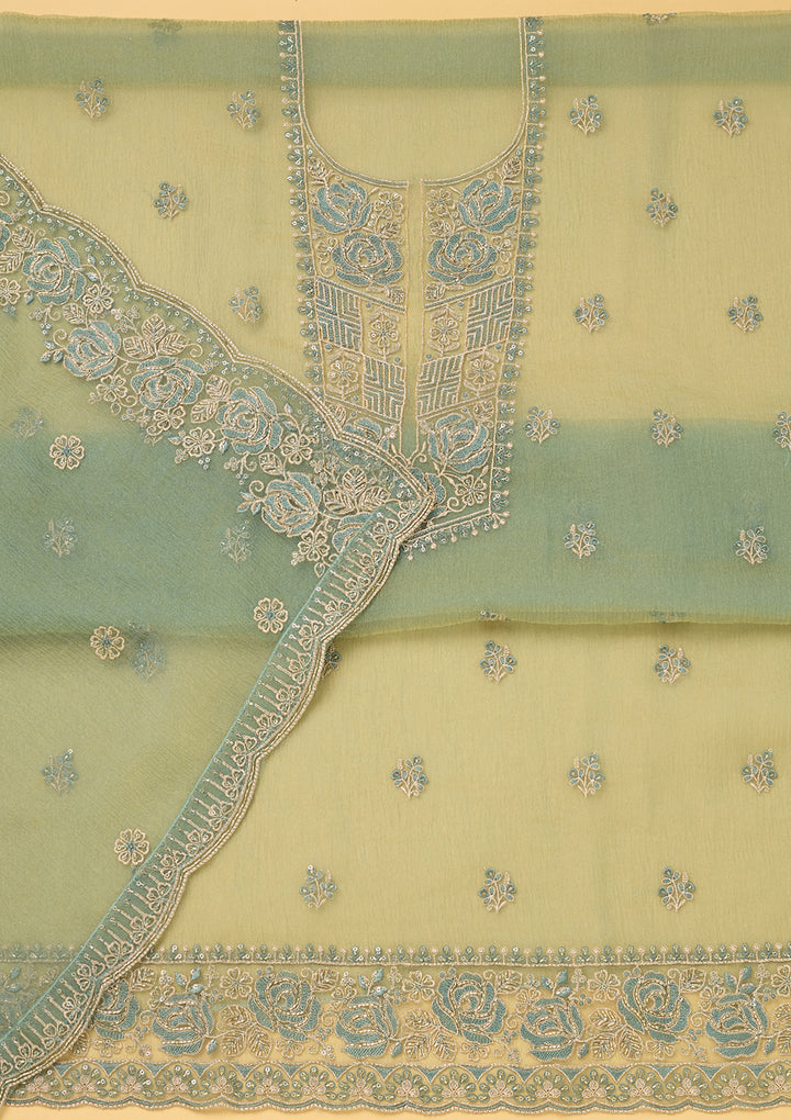Sky Blue Tissue Threadwork Unstitched Dress Material With Matching Bottom And Dupatta