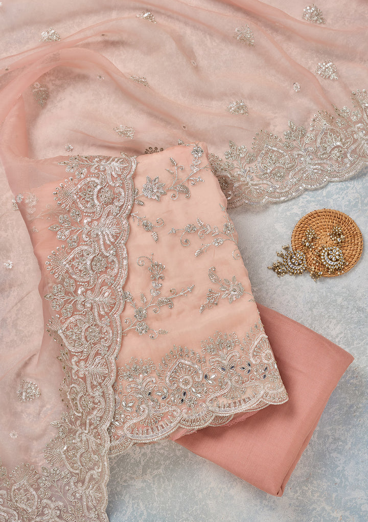 Peach Tissue Threadwork Unstitched Dress Material With Matching Bottom And Dupatta