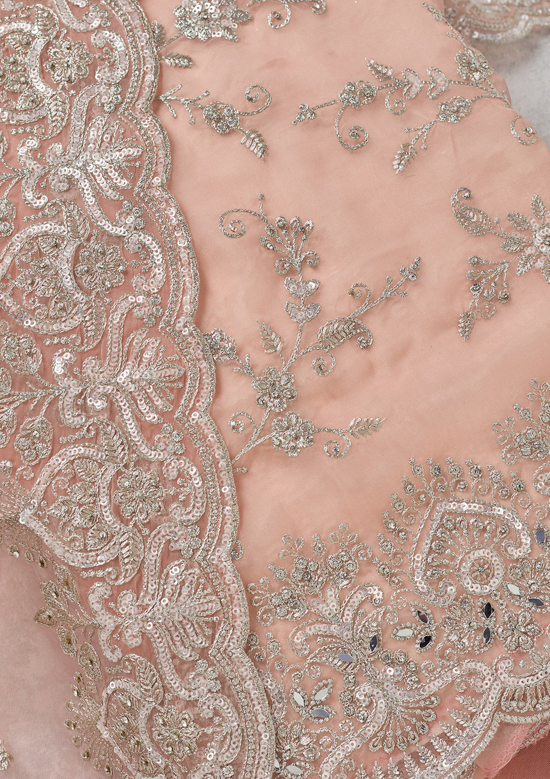Peach Tissue Threadwork Unstitched Dress Material With Matching Bottom And Dupatta