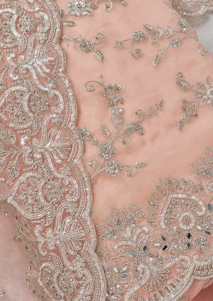 Peach Tissue Threadwork Unstitched Dress Material With Matching Bottom And Dupatta