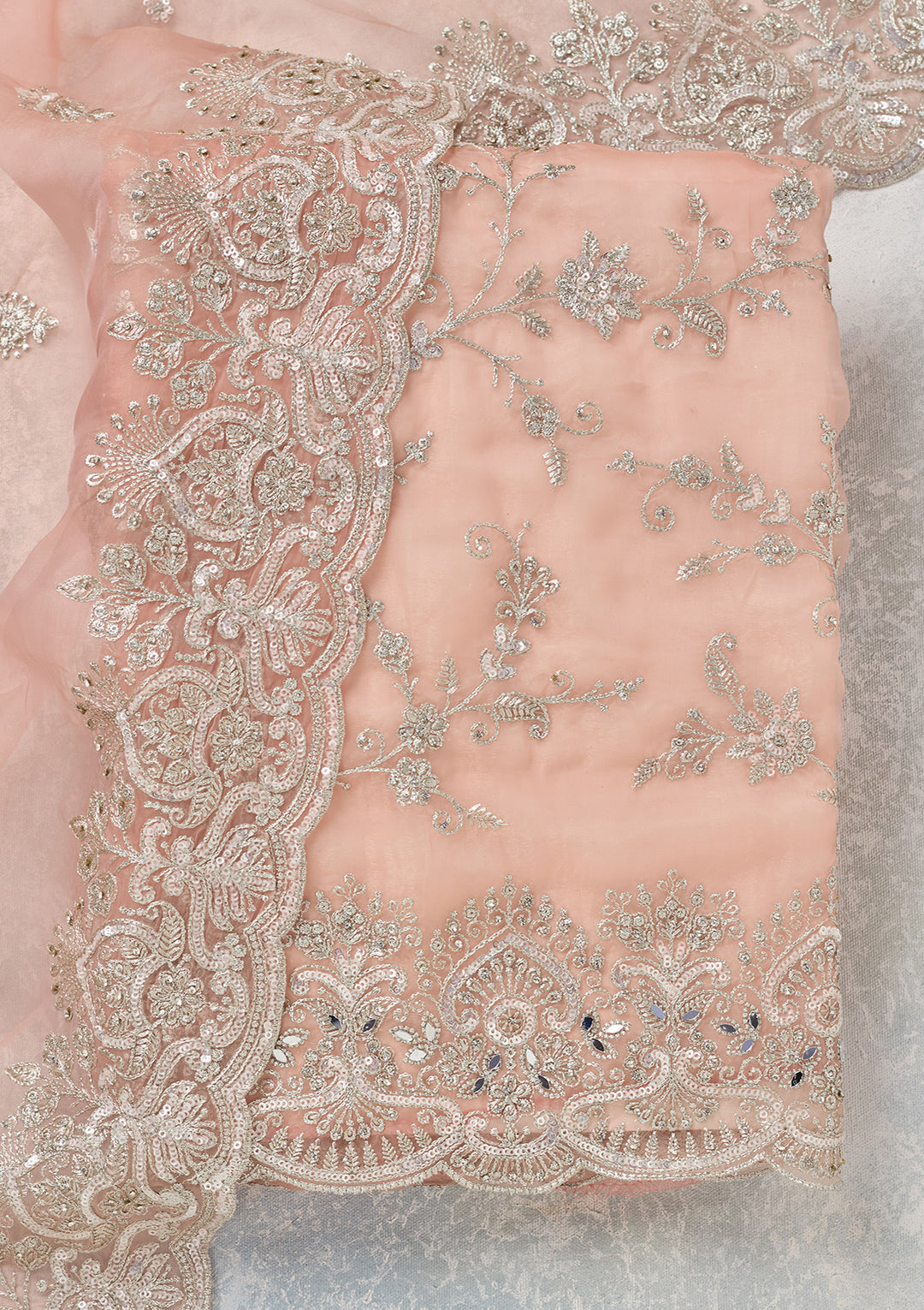 Peach Tissue Threadwork Unstitched Dress Material With Matching Bottom And Dupatta