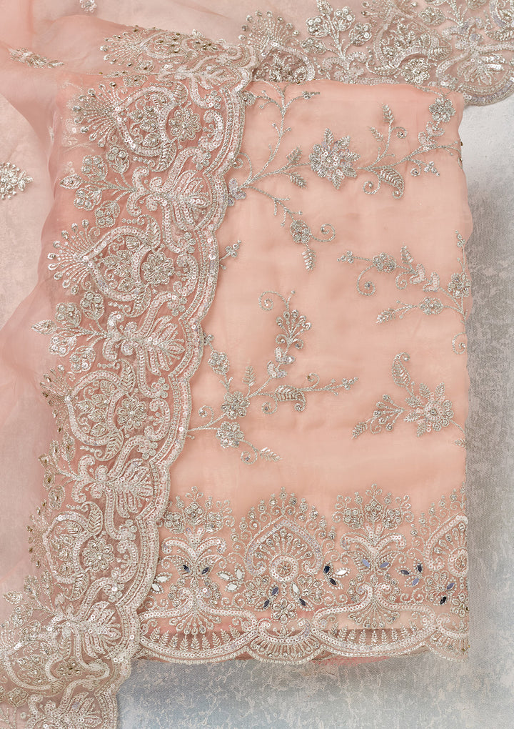 Peach Tissue Threadwork Unstitched Dress Material With Matching Bottom And Dupatta