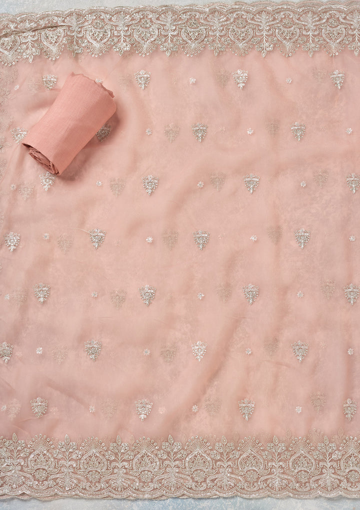 Peach Tissue Threadwork Unstitched Dress Material With Matching Bottom And Dupatta