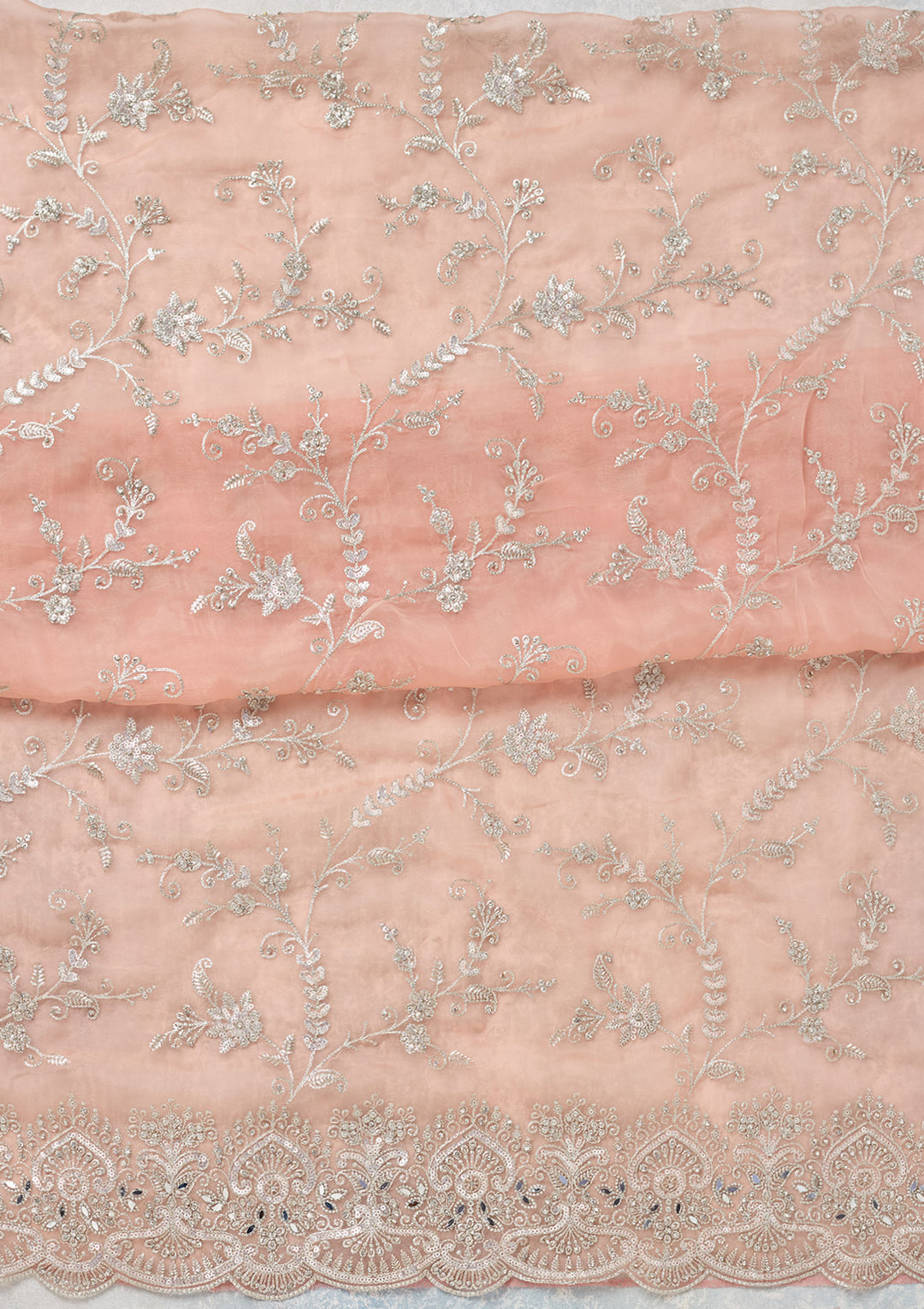 Peach Tissue Threadwork Unstitched Dress Material With Matching Bottom And Dupatta