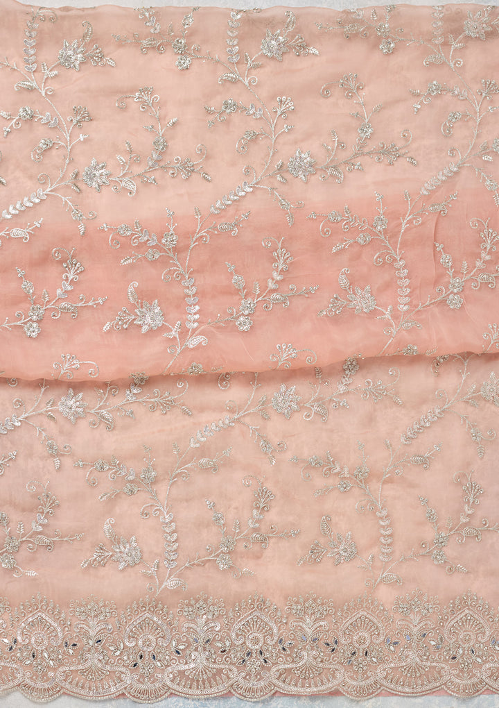 Peach Tissue Threadwork Unstitched Dress Material With Matching Bottom And Dupatta