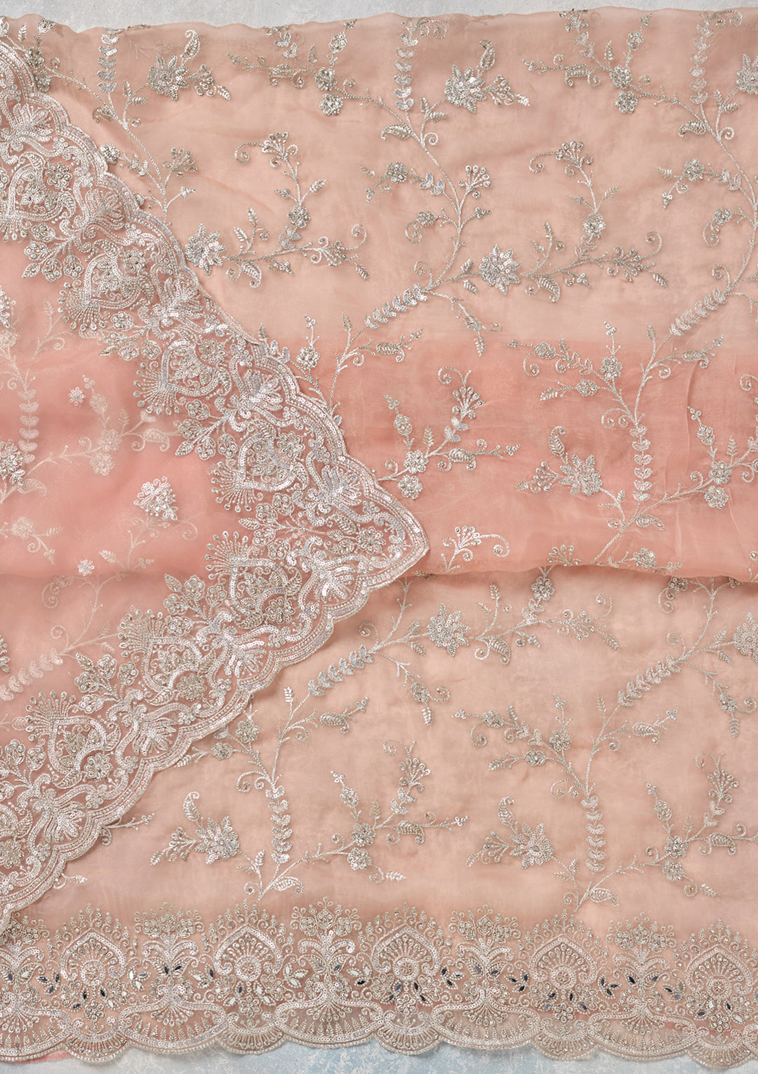 Peach Tissue Threadwork Unstitched Dress Material With Matching Bottom And Dupatta