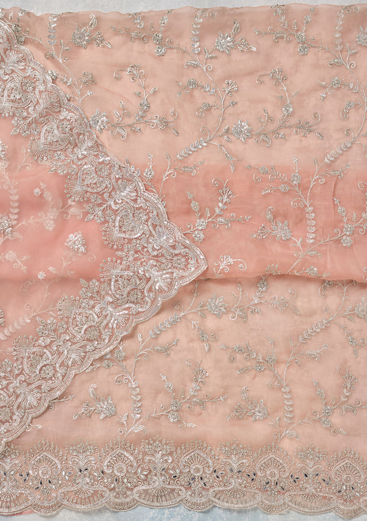 Peach Tissue Threadwork Unstitched Dress Material With Matching Bottom And Dupatta