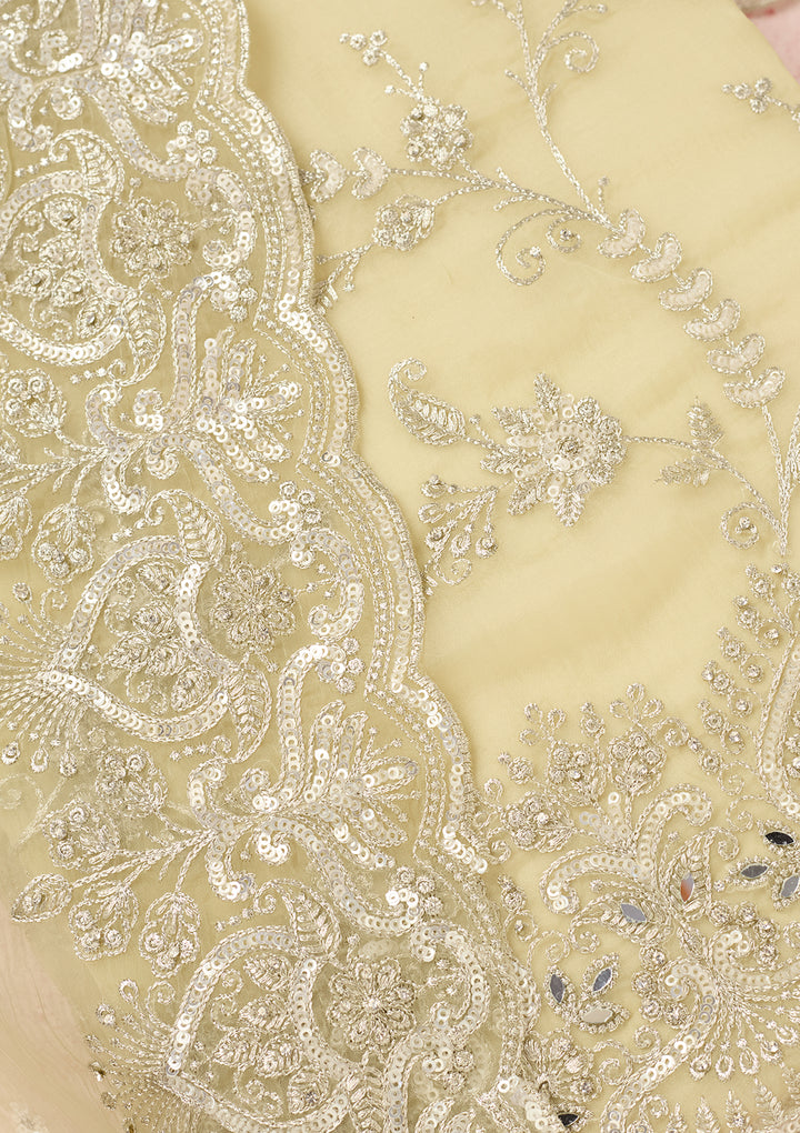 Pista Green Tissue Threadwork Unstitched Dress Material With Matching Bottom And Dupatta