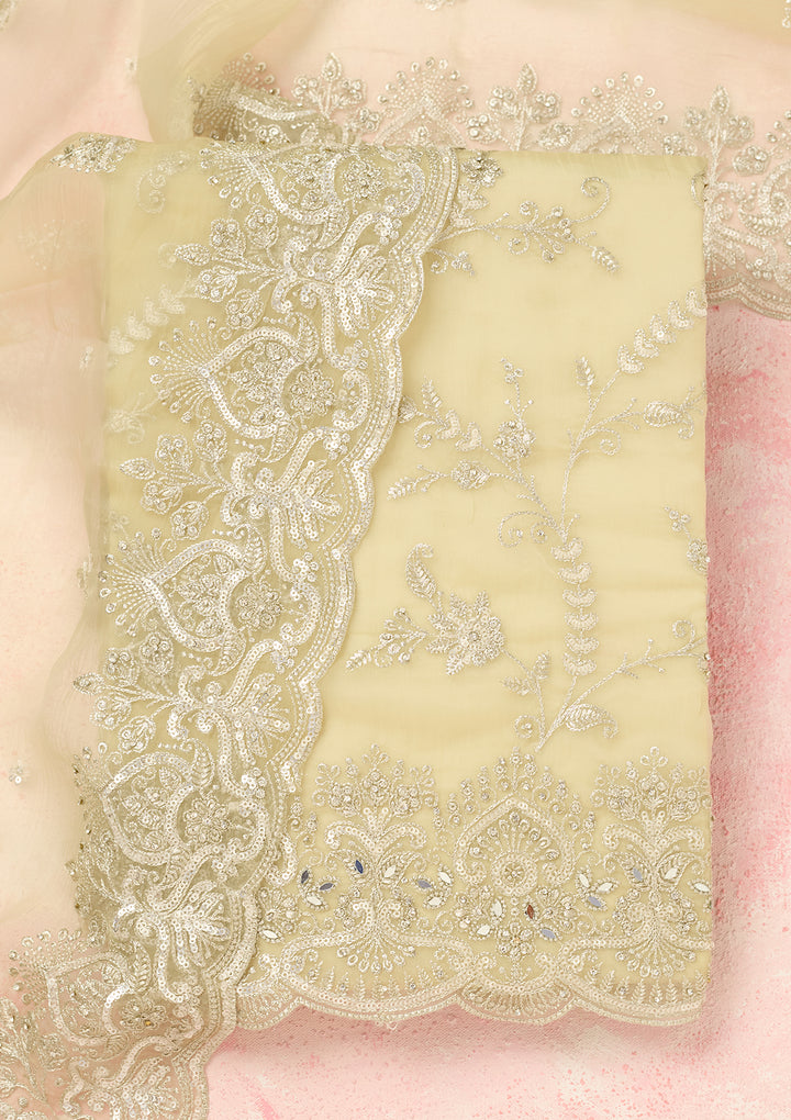 Pista Green Tissue Threadwork Unstitched Dress Material With Matching Bottom And Dupatta